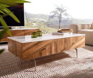 DELIFE Couchtisch Bahan 115x60 cm Mango Teak 2 Schubladen Marmorplatte weiss Winkelfuß Edelstahl