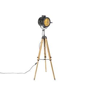 QAZQA Tripod vloerlamp zwart met hout studiospot - Radiant