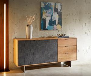 DELIFE Sideboard Teele 147 cm Akazie Natur Schiefer 2 Türen 3 Schubfächer Fuß schwebend Edelstahl
