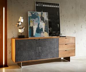 DELIFE Sideboard Teele 175 cm Akazie Natur Schiefer 2 Türen 3 Schubfächer Fuß schwebend Edelstahl
