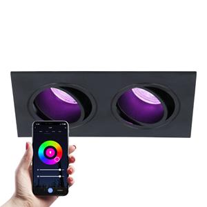 HOFTRONIC SMART Smart Mallorca dubbele LED inbouwspot vierkant - Kantelbaar - RGBWW - GU10 - 5.5 Watt - Rechthoekig - GU10 verwisselbare lichtbron - Plafondspot voor binnen - Zwart