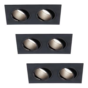 HOFTRONIC™ Set van 3 Mallorca dubbele LED inbouwspots vierkant - Kantelbaar - 6000K Daglicht wit - GU10 - 5 Watt - Rechthoekig - GU10 verwisselbare lichtbron - Plafondspot voor binnen - Zwart