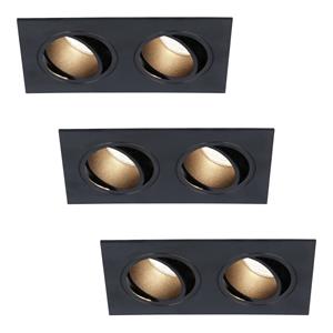 HOFTRONIC™ Set van 3 Mallorca dubbele LED inbouwspots vierkant - Kantelbaar - 4000K Neutraal wit - GU10 - 5 Watt - Rechthoekig - GU10 verwisselbare lichtbron - Plafondspot voor binnen - Zwart