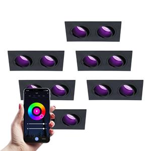 HOFTRONIC SMART Set van 6 Smart Mallorca dubbele LED inbouwspots vierkant- Kantelbaar - RGBWW - GU10 - 5.5 Watt - Rechthoekig - GU10 verwisselbare lichtbron - Plafondspot voor binnen - Zwart