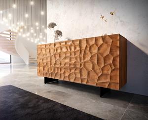 DELIFE Sideboard Solu 175 cm Akazie Natur 2 Türen 3 Schübe Fuß schwebend Metall Schwarz 3D-Front