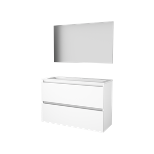 Basic 39 badmeubelset met spiegel op plaat, greeploze wastafelonderkast met 2 lades en acryl wastafel met 1 kraangat 100 x 39 cm, ice white