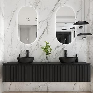 Fontana Stripe zwart badmeubel ribbelfront 200cm met zwarte waskommen