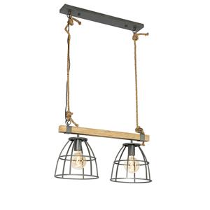 QAZQA Industriële hanglamp zwart met hout 2-lichts - Arthur