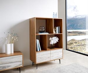 DELIFE Highboard Kleo 90x130 cm Akazie Natur 2 Türen Winkelfuß Metall Schwarz