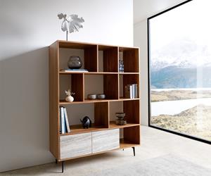 DELIFE Highboard Kleo 115x150 cm Akazie Natur 2 Türen Winkelfuß Metall Schwarz