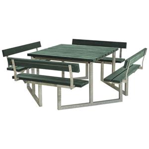 Plus Danmark Picknicktafel gerecycled kunststof groen | Twist vierkant 4 rugleuningen 227 x 227 x 76 cm