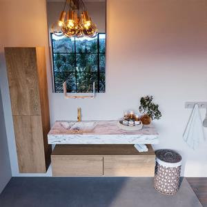MONDIAZ ALAN-DLUX Badmeubelset 130cm badmeubel onderkast Washed_Oak 2 lades met vrijhangende wastafel CLOUD links 1 kraangat kleur Glace ADX130Was2LL1Gla