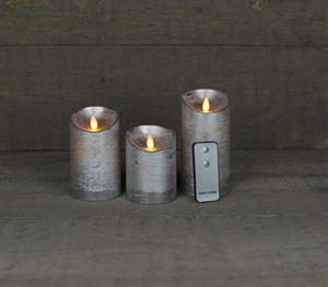 Anna's Collection Batterijverlichting 3 stuks kaars wax rustiek bewegende vlam 7,5 x 10/12,5/15 cm zilver met afstandsbediening