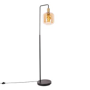 Qazqa Design Vloerlamp Zwart Met Messing En Amber Glas - Zuzanna