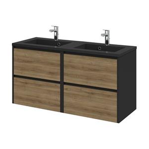 Tiger Reverse Meubelset 120 cm met 4 lades Chalet eik / Mat zwart inclusief Quadro wastafel dubbel Mat zwart