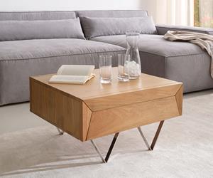 DELIFE Couchtisch Kayu 60x60 cm Akazie Natur 2 Schübe V-Fuß Edelstahl