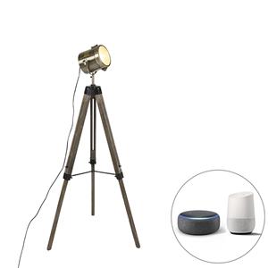 QAZQA Smart vloerlamp tripod hout met studiospot incl. Wifi B35 - Braha