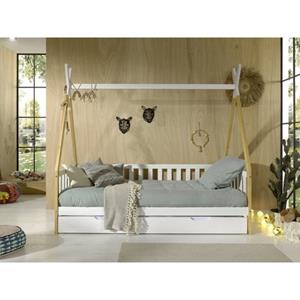 Vipack Tipi Kojen Bett mit Umrandung, Dachgestänge, Rolllattenrost und Bettschublade (Weiß), Liegefläche 90 x 200 cm, Ausf. Kiefer massive natur und weiß lackiert