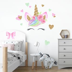 Klebefieber Wandtattoo 17-teilig Aquarell Einhorn Gold Glitzer Blumen