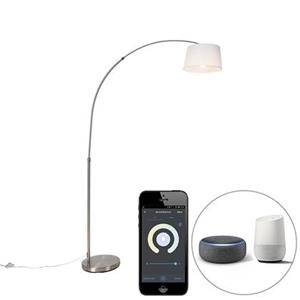 QAZQA Smarte Bogenlampe Stahl mit weißem Stoffschirm inkl. Wifi A60 - Arc Basic