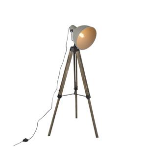 QAZQA Smart industriële tripod vloerlamp hout met grijs incl. wifi A60 - Laos