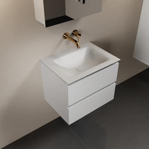 Mondiaz Aivy 60cm badmeubel Talc, wastafel Talc solid surface midden zonder kraangat met spiegelkast