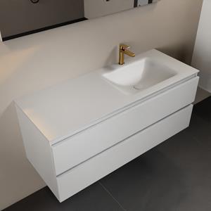 Mondiaz Aivy 120cm badmeubel Talc, wastafel Talc solid surface rechts 1 kraangat met spiegel