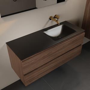 Mondiaz Aivy 120cm badmeubel Mocha, wastafel Urban solid surface rechts zonder kraangat met spiegel