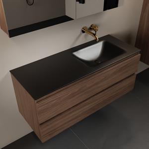 Mondiaz Aivy 120cm badmeubel Mocha, wastafel Urban solid surface rechts zonder kraangat met spiegelkast