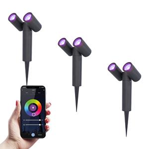 HOFTRONIC™ 3x Pinero double smart dimbare LED prikspot - RGBWW - WiFi & Bluetooth - GU10 - 5.5 Watt - Google assiant & Amazon Alexa - Kantelbaar - Tuinspot - Voor buiten en binnen - Zwart - 3 ja