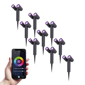 HOFTRONIC™ 9x Pinero double smart dimbare LED prikspot - RGBWW - WiFi & Bluetooth - GU10 - 5.5 Watt - Google assiant & Amazon Alexa - Kantelbaar - Tuinspot - Voor buiten en binnen - Zwart - 3 ja