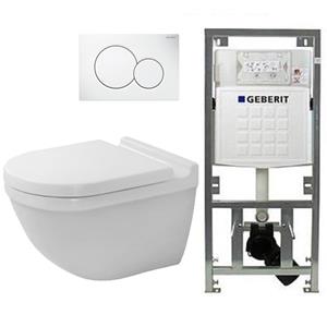 Duravit Starck 3 toiletset met Geberit inbouwreservoir toiletzitting met Saniclass softclose zitting en sigma01 bedieningsplaat wit SW729015/0701131/0700518/ga69956/