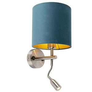 QAZQA Wandlamp staal met leeslamp en kap velours 20/20/20 blauw
