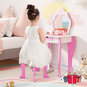 costway Kinderen Kaptafel en Krukje Set Princess Make-up Kleed Tafel Set met Spiegel & Lade 2-In-1 Kleuter Kaptafel Set Schrijftafel Roze