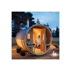 Fass-Sauna Sam, unbehandelt/natur, inkl. Holz-Ofen (18 kW), 40 mm Wandstärke (219,5 cm x 280 cm) - Naturbelassen - Finntherm