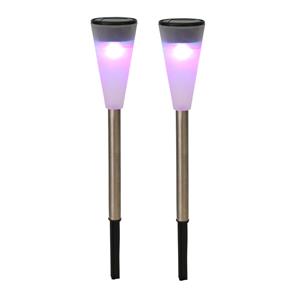 2x RVS Buiten/tuin LED stekers solar verlichting 36 cm gekleurd -