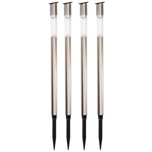Lumineo 4x Buiten/tuin Led zilveren stekers solar verlichting 57 cm Rvs warm wit -