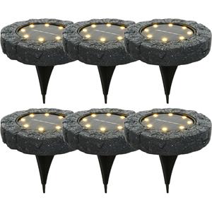 Lumineo 6x solar prikspots/tuinspots led - kunststeen - steengrijs - 11 x 2 cm -