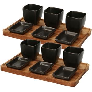 Excellent Houseware 2x stuks serveerplank acacia hout met 6 hapjes/saus/tapas schaaltjes 25 x 16 cm -