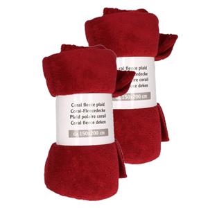 2x Donker rode rode fleece deken 150 x 200 cm -