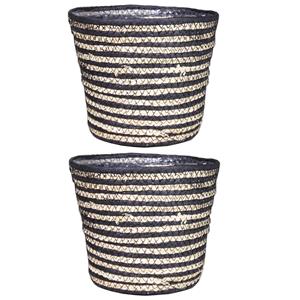 Bela Arte Set van 3x stuks naturel zwart rotan planten pot mand van gedraaid jute/riet H13 en D16 cm -