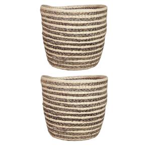 Bela Arte Set van 3x stuks naturel grijs rotan planten pot mand van gedraaid jute/riet H16 en D19 cm -