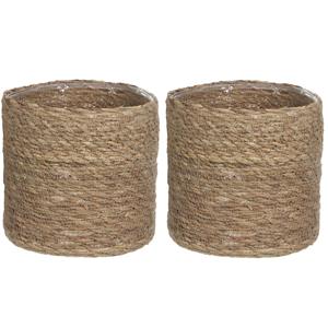 Mica Decorations 4x zakjes naturel bruin rotan planten pot mand van gedraaid jute/riet H20 en D20 cm -
