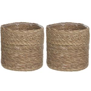 Mica Decorations 4x zakjes naturel bruin rotan planten pot mand van gedraaid jute/riet H20 en D20 cm -