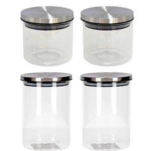 Set van 4 stuks glazen transparante voorraadbussen/voorraadpotten met deksel 400ml/650ml -