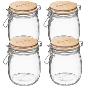 5five 4x stuks voorraadbussen/voorraadpotten 0,75L glas met houten deksel en beugelsluiting -