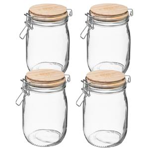 5five 4x stuks voorraadbussen/voorraadpotten 1L glas met houten deksel en beugelsluiting -