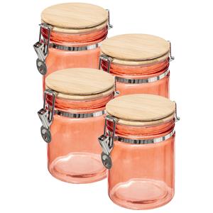 5five 4x stuks voorraadbussen/voorraadpotten 0,75L glas koraal oranje met bamboe deksel en beugelsluiting -