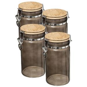 5five 4x stuks voorraadbussen/voorraadpotten 1L glas zwart met bamboe deksel en beugelsluiting -