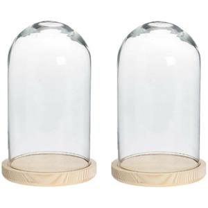 Home & Styling Decoratie stolp - 2x - van glas op houten plateau - D14 x H28 cm -